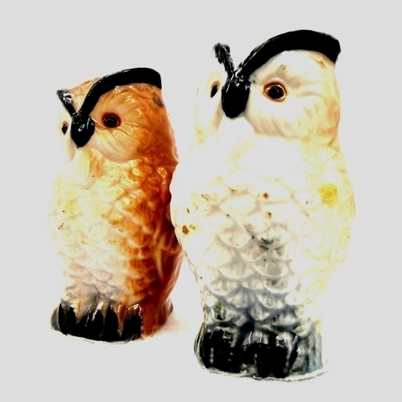 Owl Salt Pepper Shakers Vtg Cute White Brown - Picture 2 of 5